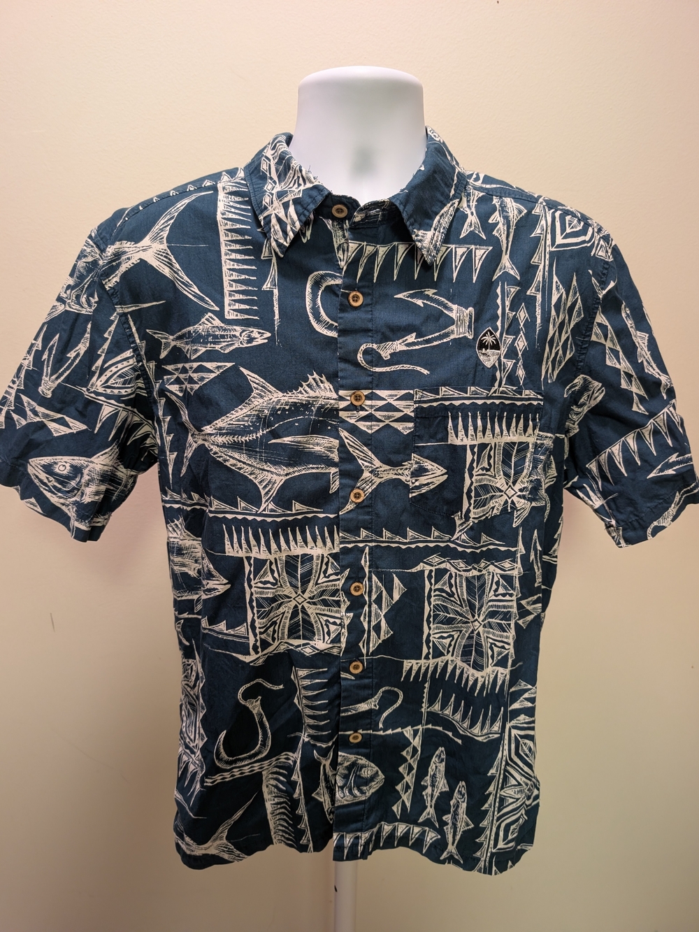 Blue Chamorro Tribal & Fish Pattern Button-Down Shirt with Guam Seal